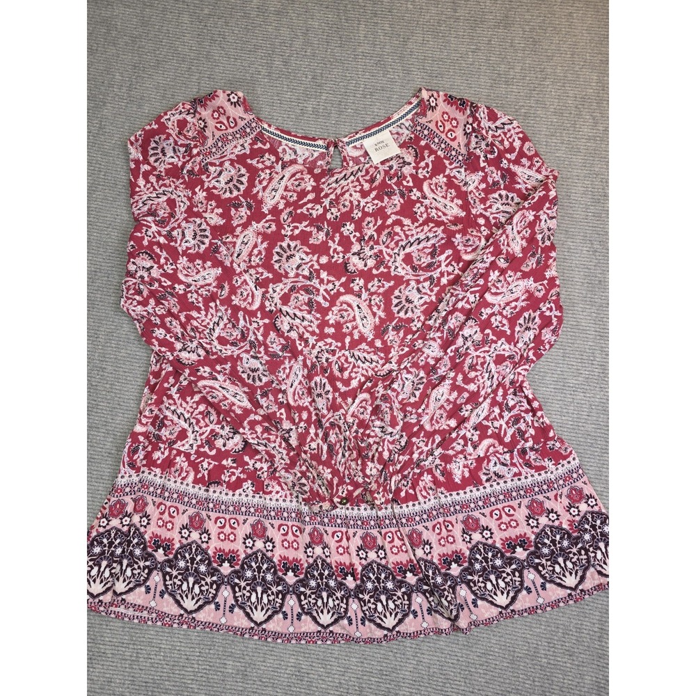 KNOX ROSE Size M Pink Red Floral Paisley Blouse Boho Peasant Swing Shirt Top